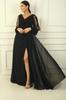 V Neck Front Draped Lined Sleeves Tulle Guipure Detailed Wide Sized Chiffon Long Dress