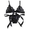 2 Pcs/Set Bra Panties Set Lace Uo Bow-knot See-through Lace V Neck Spaghetti Strap Three Point Pornographic Lady Underwear Suit