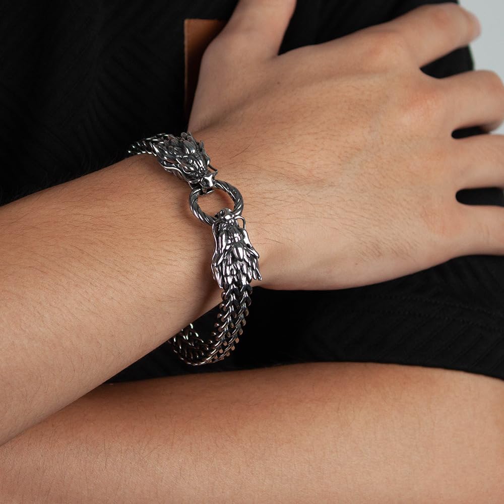 Silver Dragon Animal Motif Dragon Ring Dragon Bracelet Double Layer Chain Stainless Steel Hypoallergenic Halloween Anniversary Gift Accessory Su