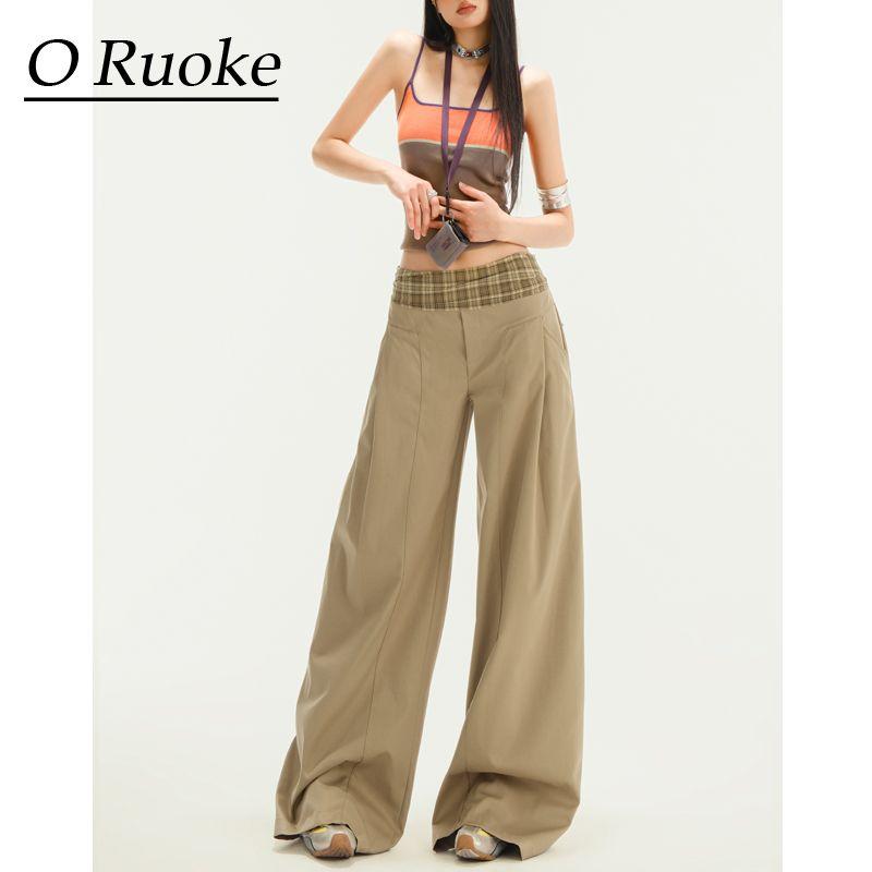 

Retro Khaki Stitching Waist Head Plaid Casual Pants Women s Summer Thin High Waist Lazy and Loose Wide Leg Mop Pants Khaki pants S