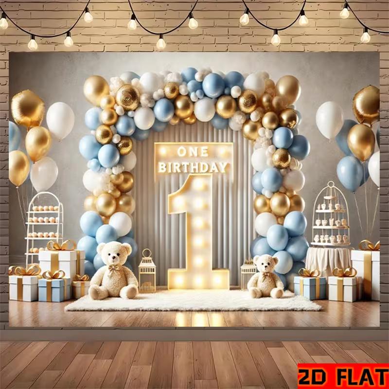 2D Neutral Blue Gold First Birthday Backdrop Banner Baby Boy Happy Birthday Party Decor Background