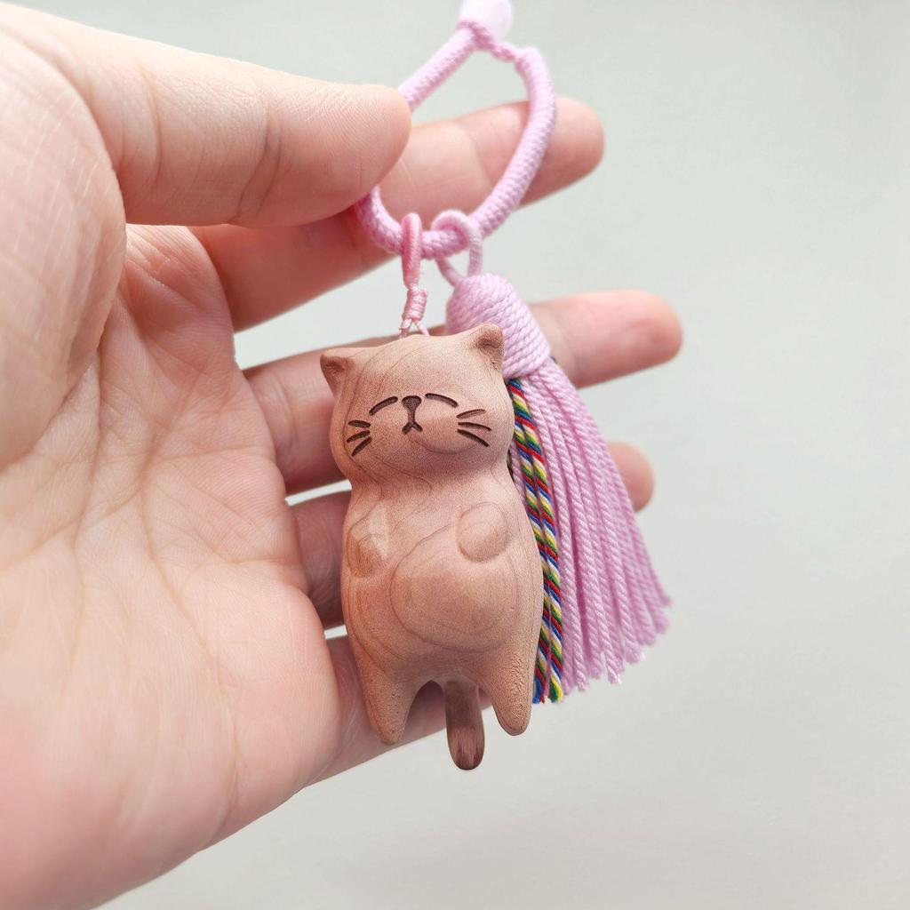 Rotten Cat Blood Cypress Beech Wood Carving: Cute Kitten Bag Charm Pendant Accessory