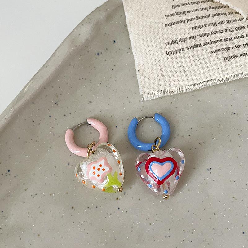 

Y2K Sweet Candy Color Enamel Hoop Earrings for Women Clear Coloured Glaze Asymmetric Love Heart Earrings Party Daily Jewelry