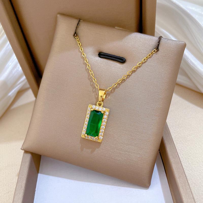 Vintage Green Crystal Square Zircon Pendant Necklace for Women Stainless Steel Chain Party Wedding Jewelry Accessories Gifts