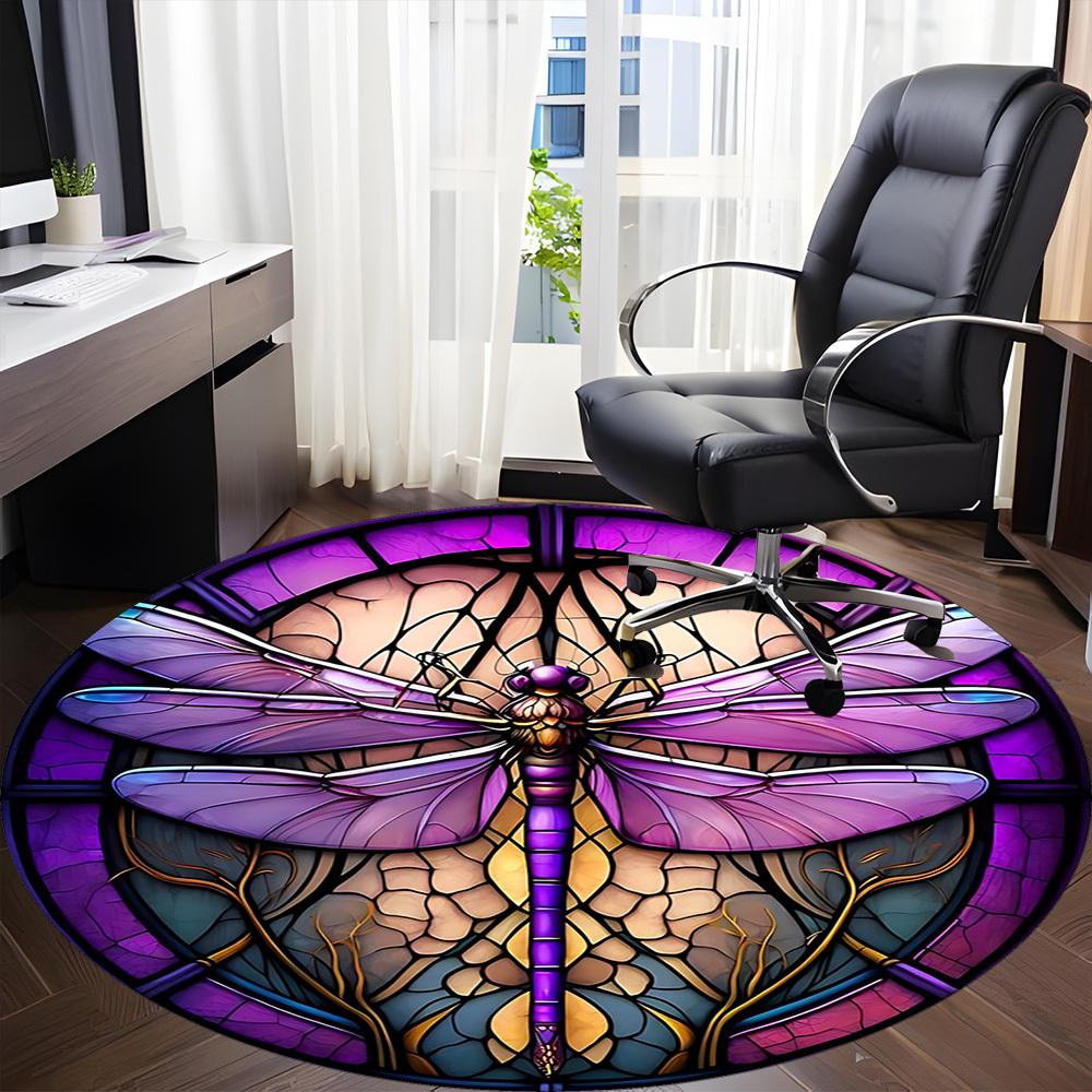 1pc Purple Stained Glass Dragonfly Office Round Area Rug, Under Office Chairs Bedroom Living Room Home Decor, Room Deco
