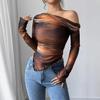 Brown Mesh One-Shoulder Ruffle Blouse with Gradient Color and Wave Sleeve
