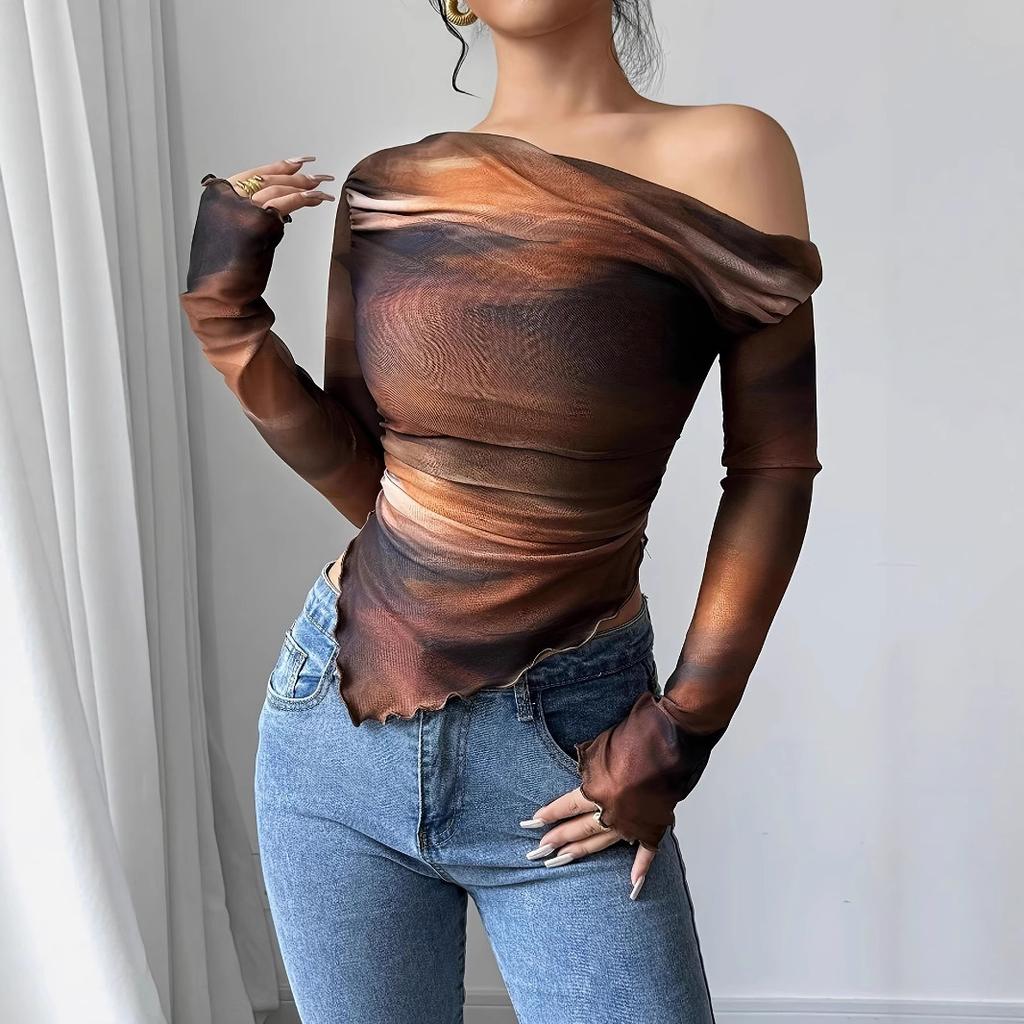 Brown Mesh One-Shoulder Ruffle Blouse with Gradient Color and Wave Sleeve
