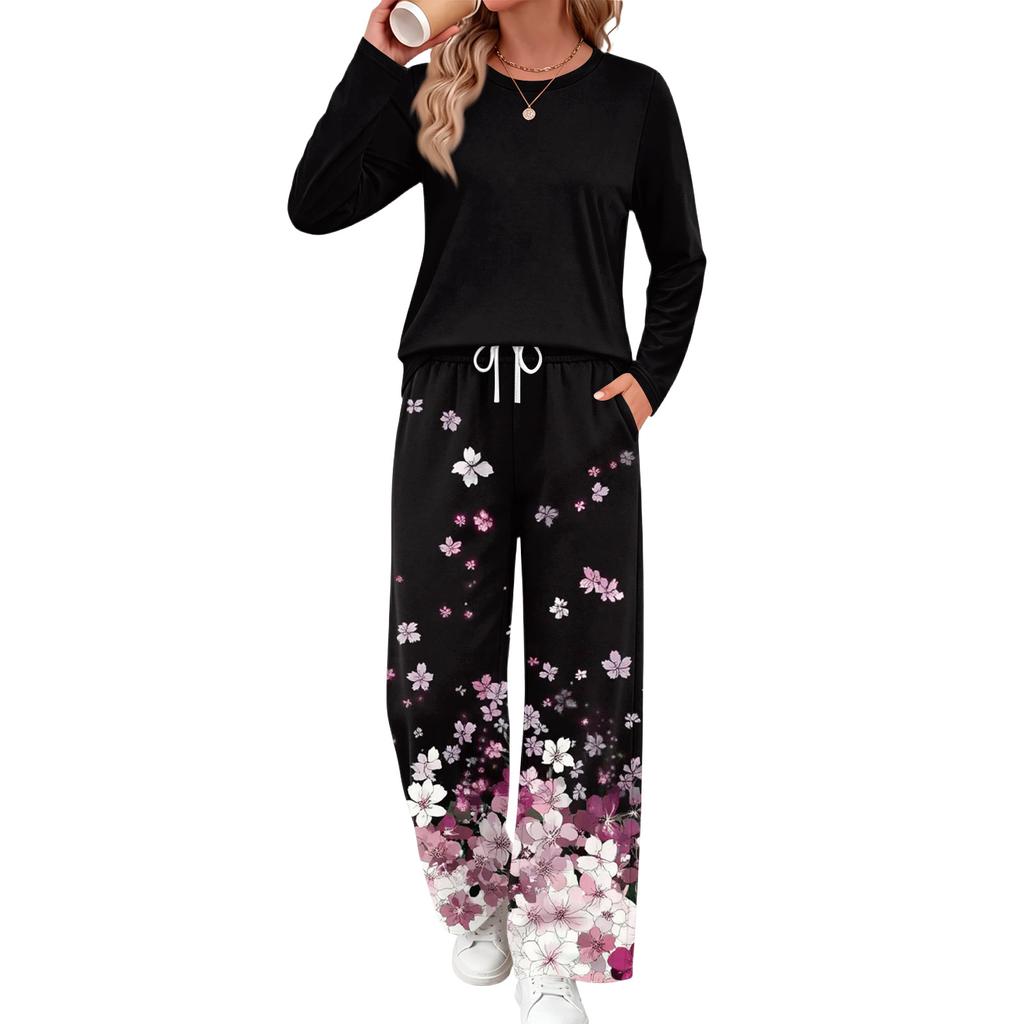 Women's Casual Printed Long Sleeve Round Neck Loose Fit Pajama Set with Pockets for Home Wear