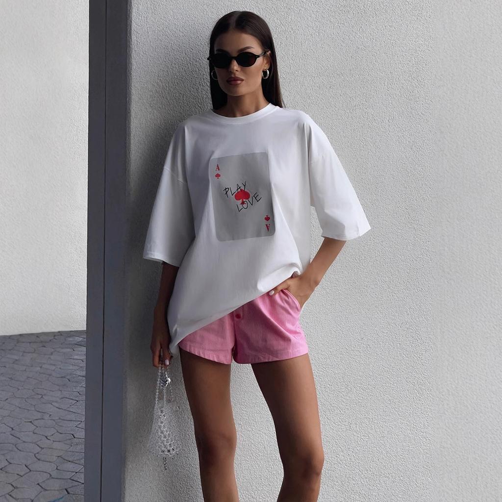 American Retro Y2k Pure Cotton Printed Unisexs Tshirt Top 2026 Summer New Poker A Letter Couple Short Sleeved T Shirt Tops