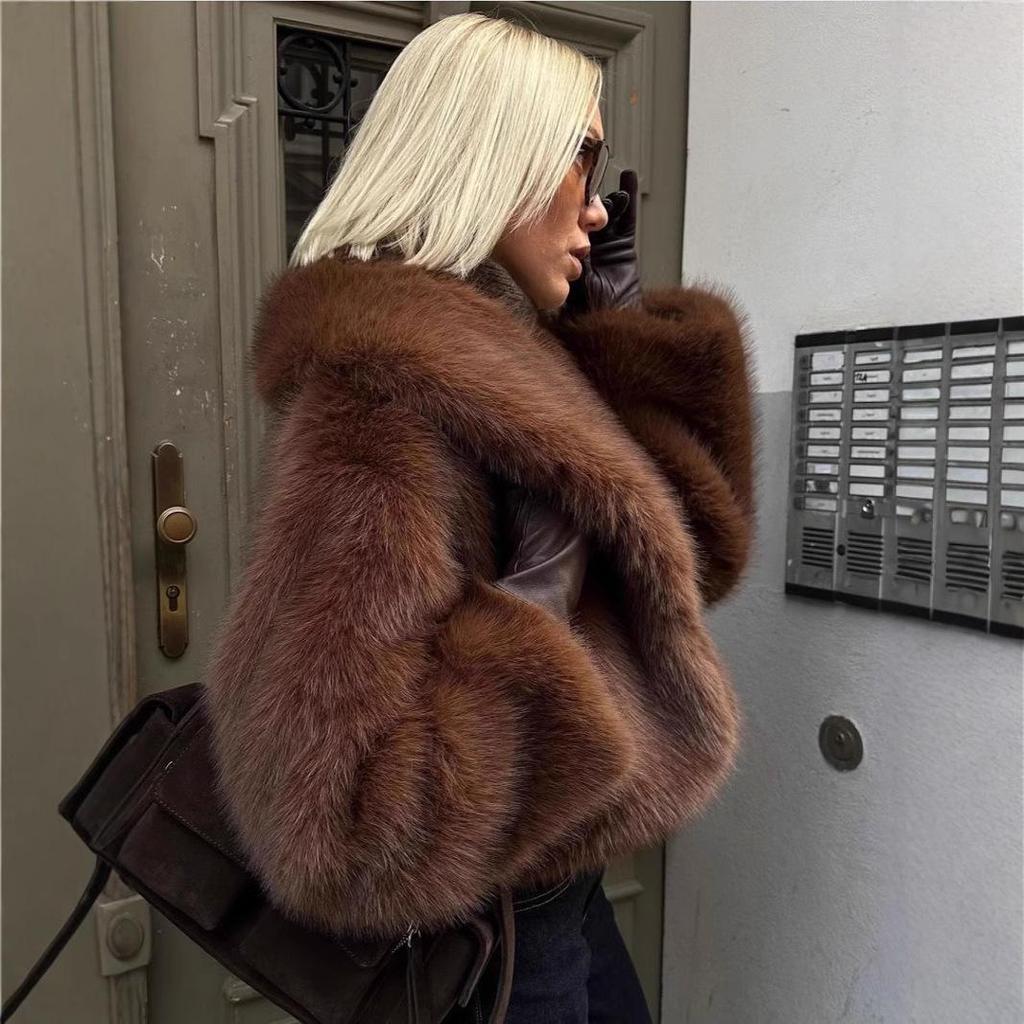 Vintage-Style Eco-Friendly Faux Fur Short Jacket In Brown - European & American Winter Women's Fashion