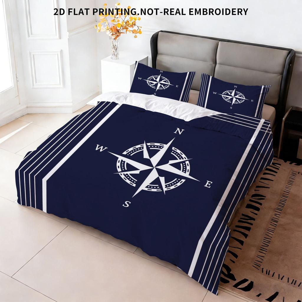 Nautical Compass Bedding Set, Navy Blue & White Nautical Print Duvet Cover with Pillowcases, 3-Piece Bed Linen for Bedroom Decor