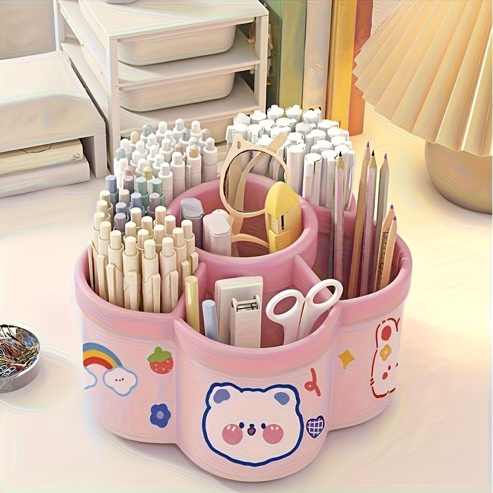 

Large Capacity Rotating Pen Holder Thickened PP Desk Organizer for Students Multi-functional Storage Case with Non Slip Base розовый