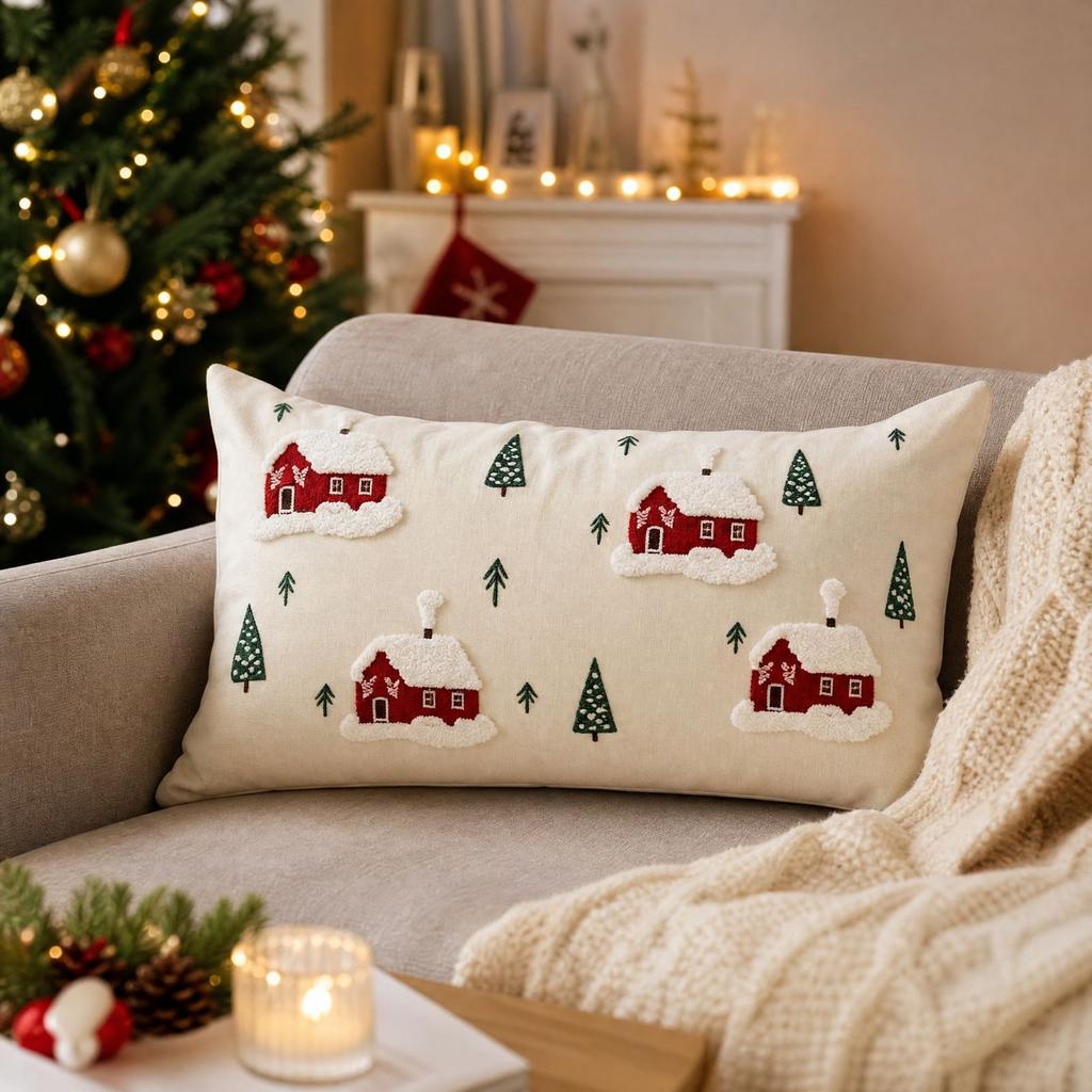 Christmas Cover Red House Design Modern Couch Lumbar Cushion Cover, No Insert