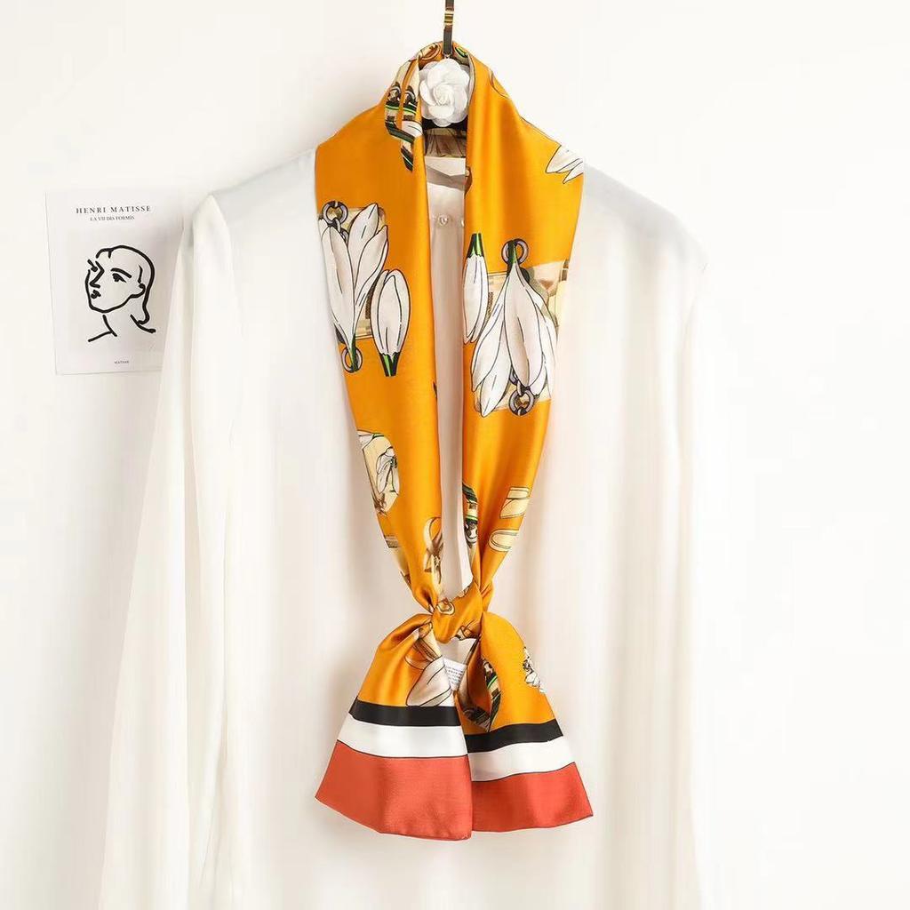 Luxury Silk Long Scarf Women Bag Handle Ribbon Ladies Plaid Print Headband Small Hair Scarves Band Female Handkerchief