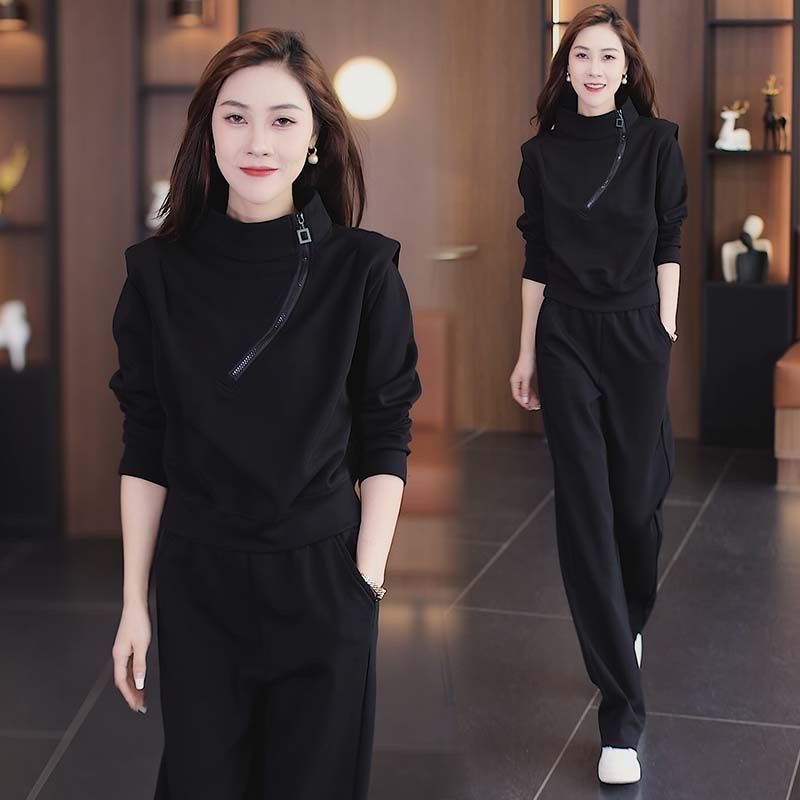 

Casual Sports Outfit for Women - New Autumn Style - Slimming V-neck Pullover with Wide-leg Pants - Two-piece Set 4XL чорний