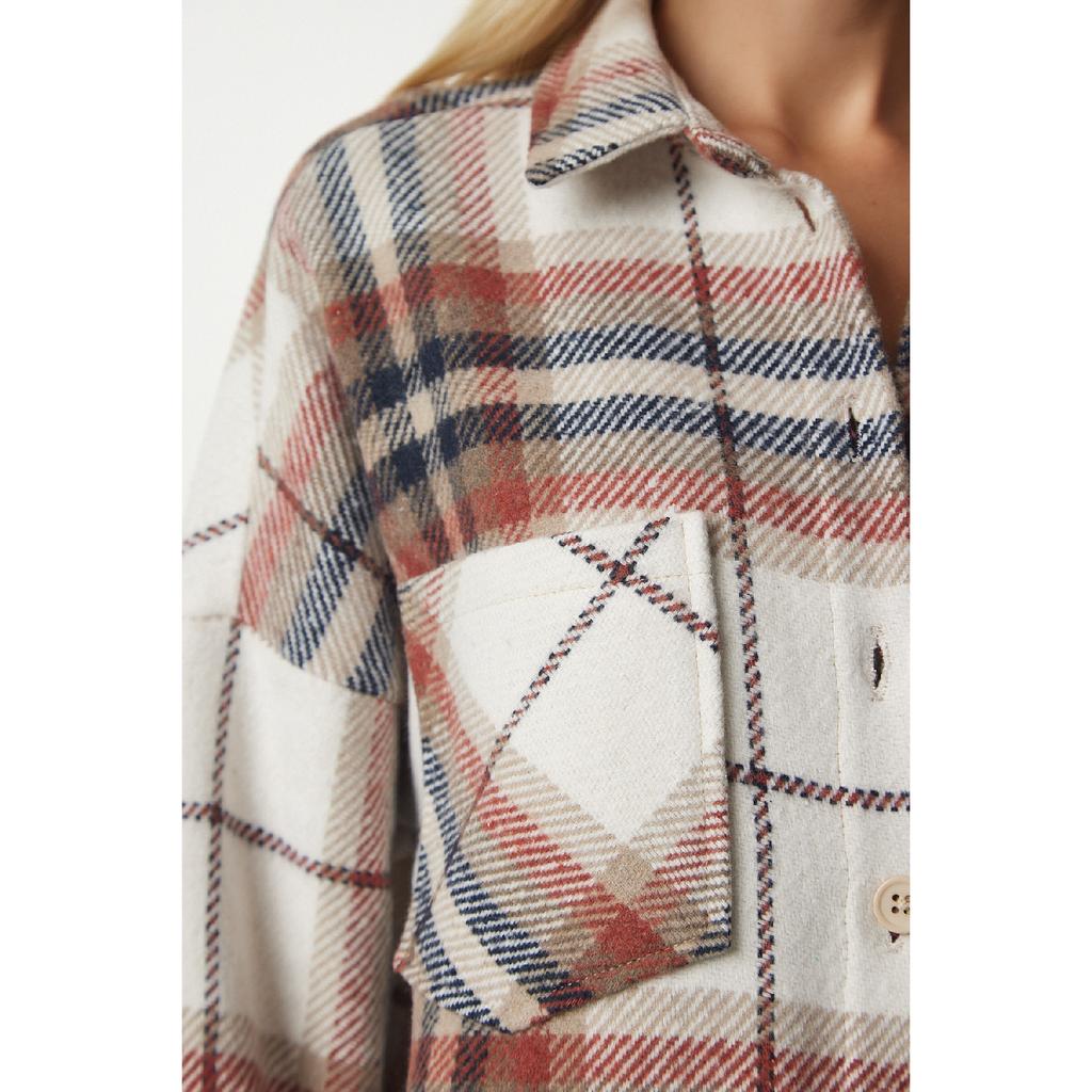 Dámská béžová krémová vzorovaná nadměrná kašmírová košile dřevorubce Tu00034