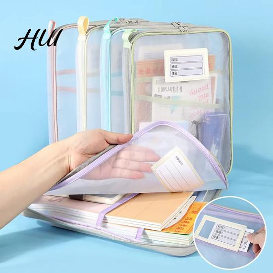 Transparent Stationery Bag Mesh Zipper Pouch File A4 Letter Size 3-Layer Quality Storage Case with Handle Document Organizer for School Travel Office
