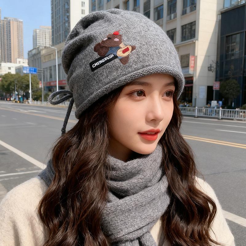 Cute Cartoon Bear Hat for Women Autumn and Winter Baotou Knitted Hat Versatile Pile Hat Showing Face Small Curled Edge Cold Hat