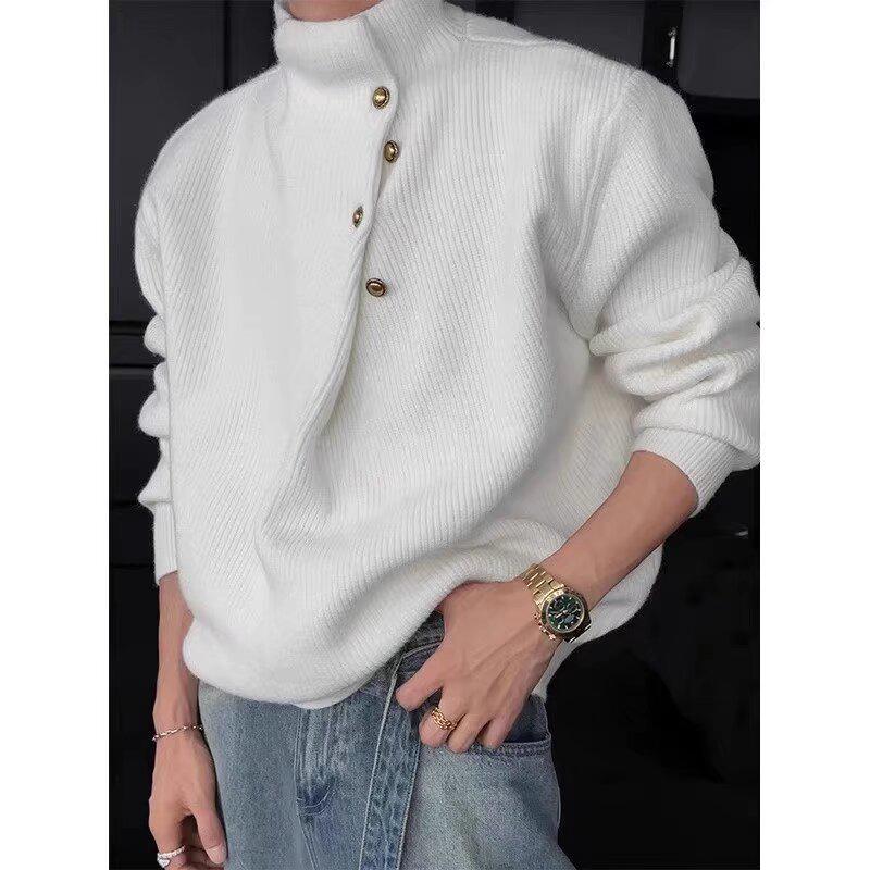 Men's Korean Style High Neck Sweater with Irregular Button Design – Trendy Oversized Knitwear