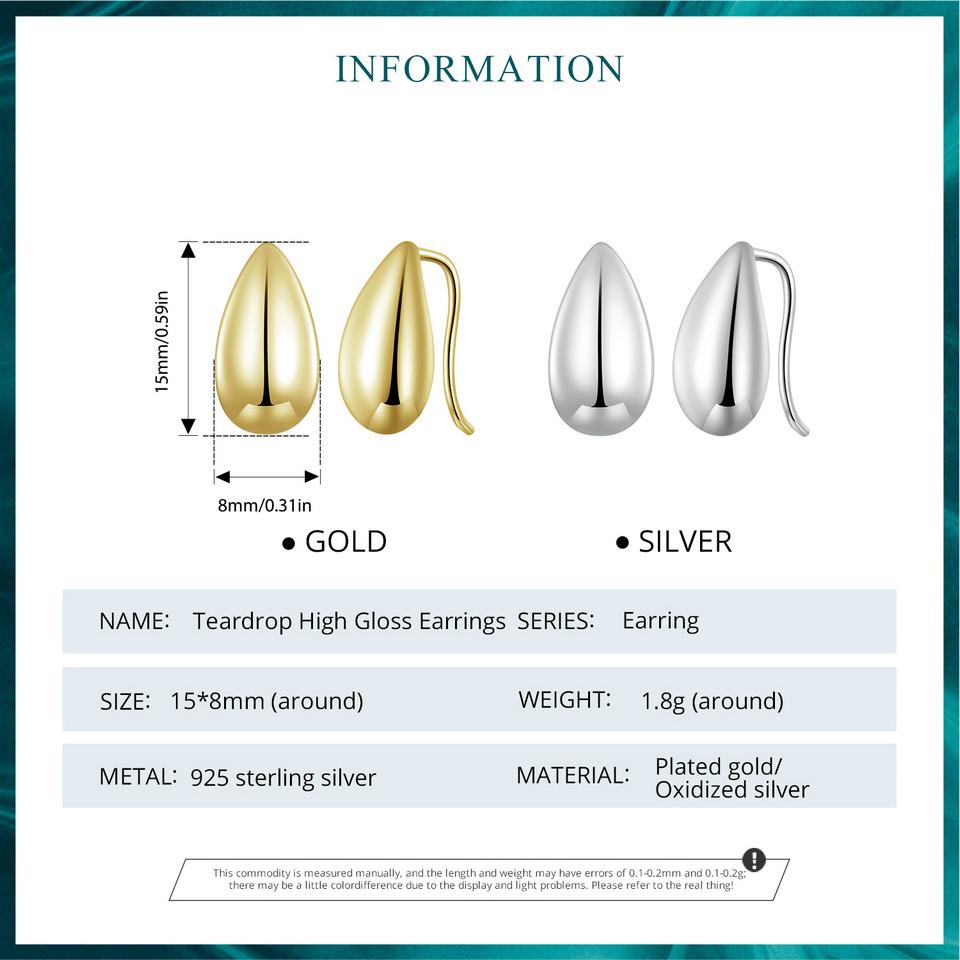 WOSTU 925 Sterling Silver 18K Gold Glossy Waterdrop Earrings Teardrop Stud Earrings Women Euro Simple Pendientes Jewelry Gift