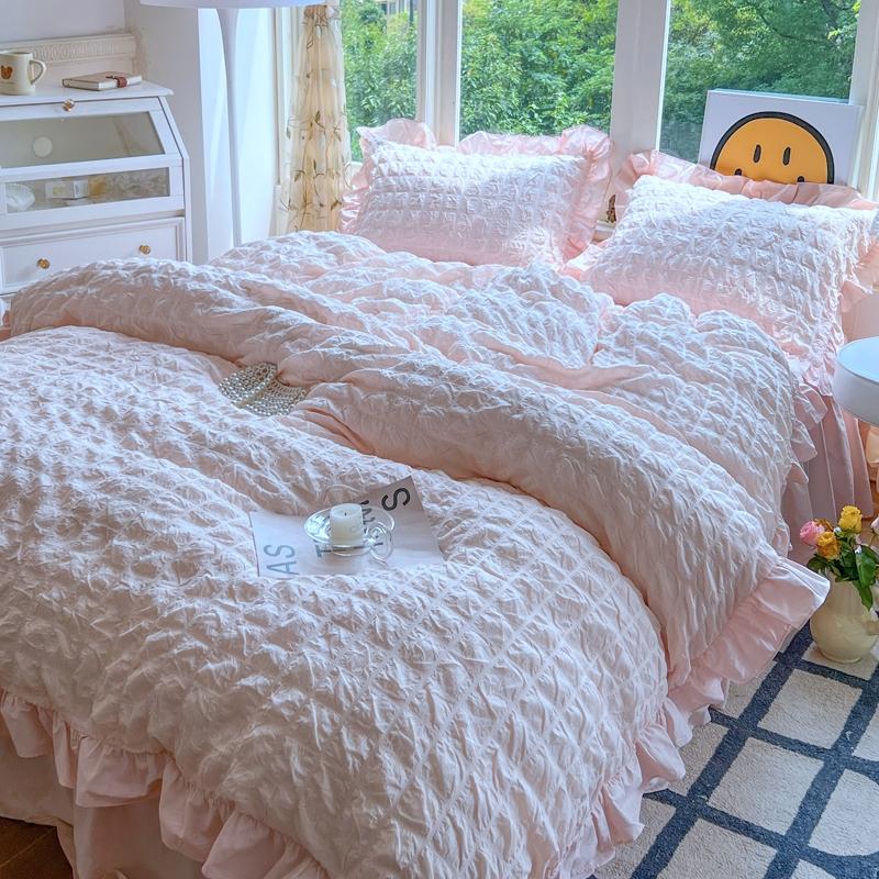Korean Princess Style Lace Ruffles Bedding Set Skin-friendly Soft Seersucker Duvet Cover Set Bed Sheet Or Bed Skirt Pillowcases