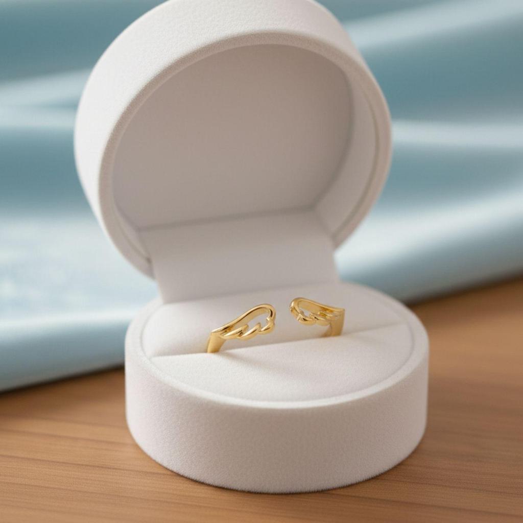 Srebro Próby 925 Złocone Vermeil Otwarty Pierścionek Damski z Regulacją Skrzydeł Anioła