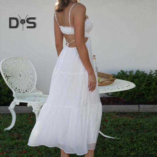 Ženy Sexy Bandeau Popruh Dlouhé šaty Šněrování Bez zad Nízký střih Midi Šaty Šití Splývavý lem Špagetová ramínka Pěstované šaty