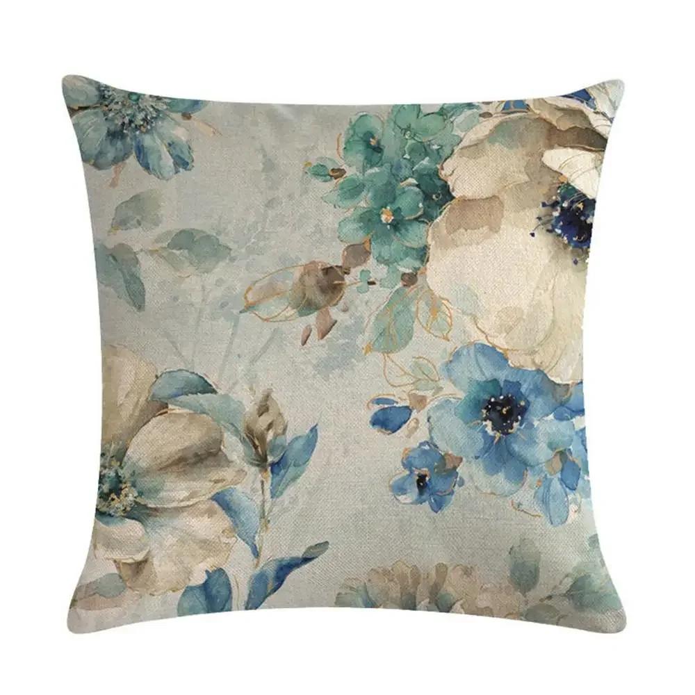 Vintage Pillowcase Printed Flower Linen Square Soft Pillow Case Sofa Seat Living Room Home Decor Cushion Cover 45*45Cm