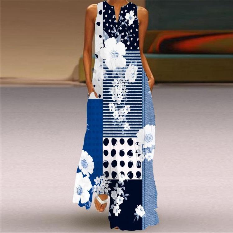 New Spring Summer Women Long Skirt Dress European American Fashion Print Pocket Design