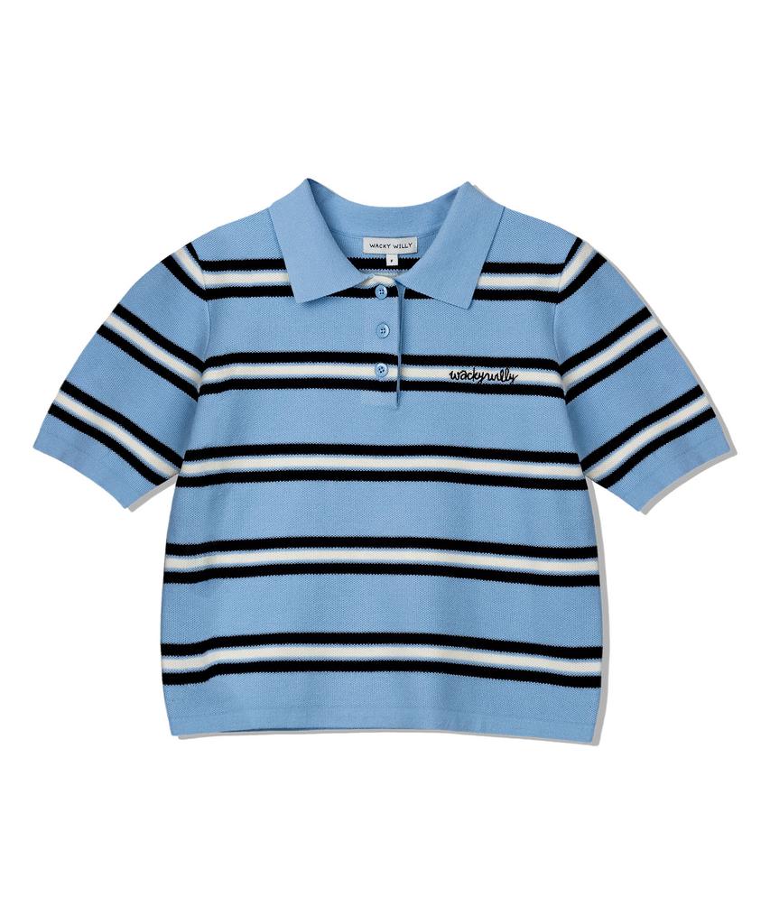 WACKY WILLY Women'S Striped Collared Short Sleeve Knit Sky Blue