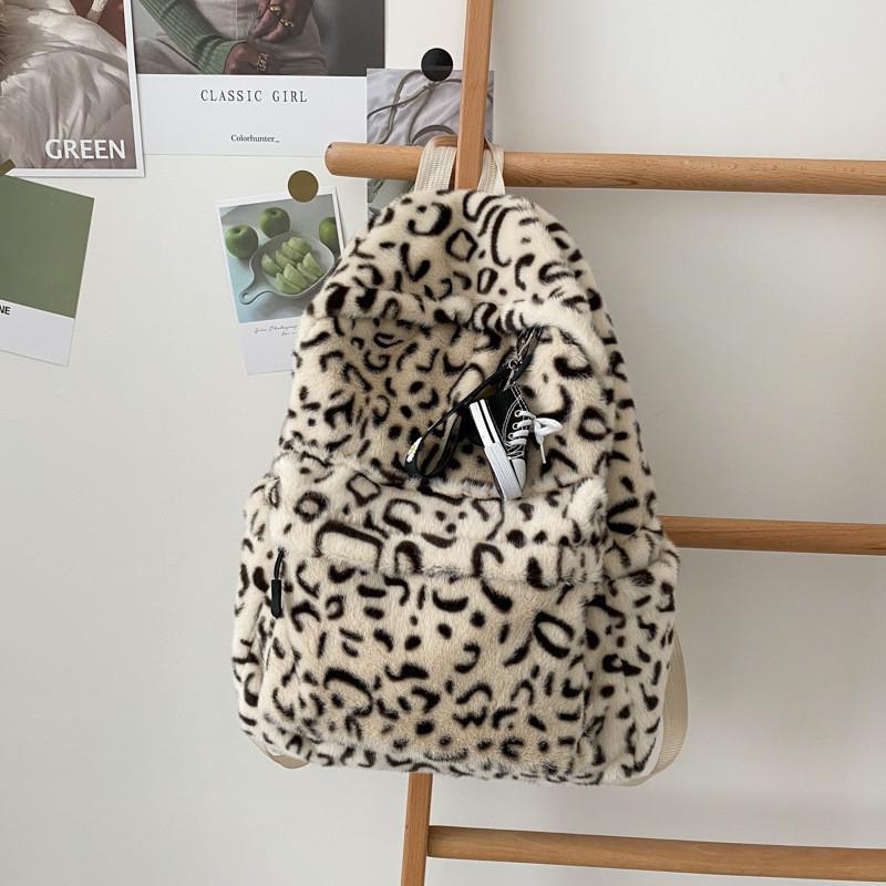 Personality Fashion Leopard Fluffy Rucksack Y2k Preppy Casual Harajuku Backpack High-Capacity Vintage Grunge Students Schoolbags