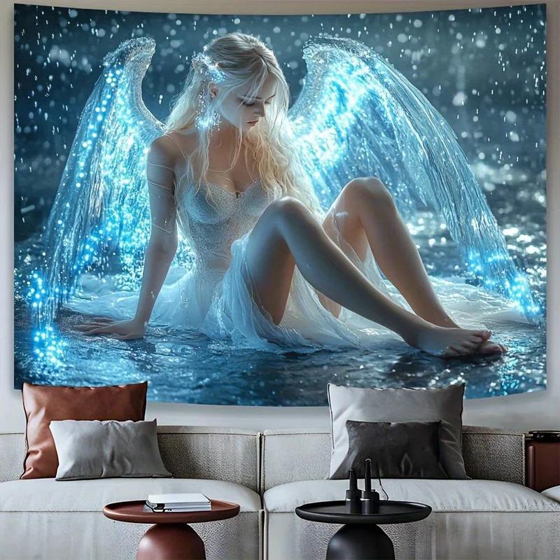 Glow in Dark Tapestry Luminous Angel Wings Wall Hanging Mystical Water Spirit Fantasy Aesthetic Decor Teen Room Gift