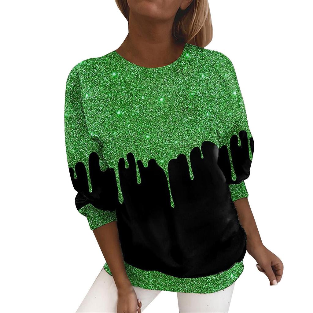 Modne Casualowe Damskie T-shirty z Okrągłym Dekoltem i Błyszczącym Nadrukiem 3D z Długim Rękawem