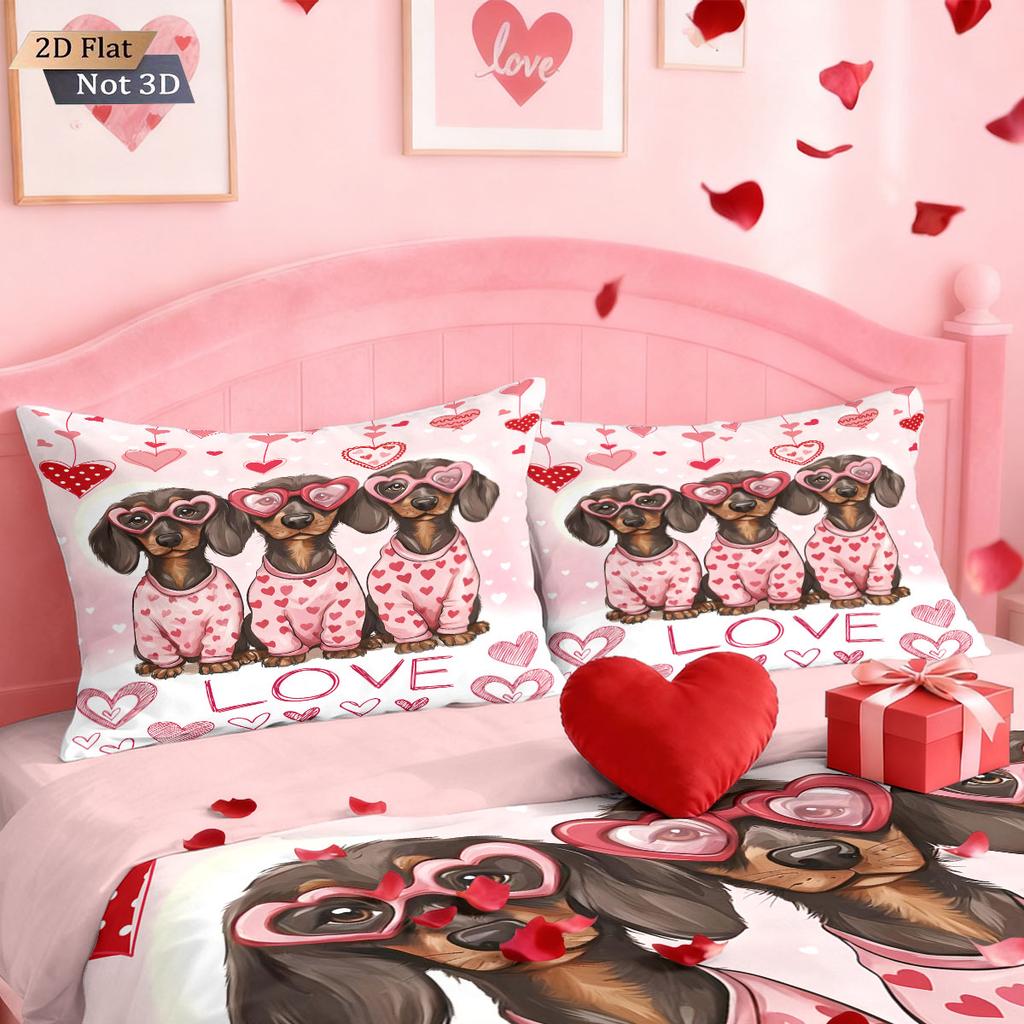 3-teiliges Valentinstags Romantische Liebe Rosa Dackel Aufdruck Chipless Steppdecken-Set Mehrere Größen Schlafzimmer Bettwäsche Festival Dekoration