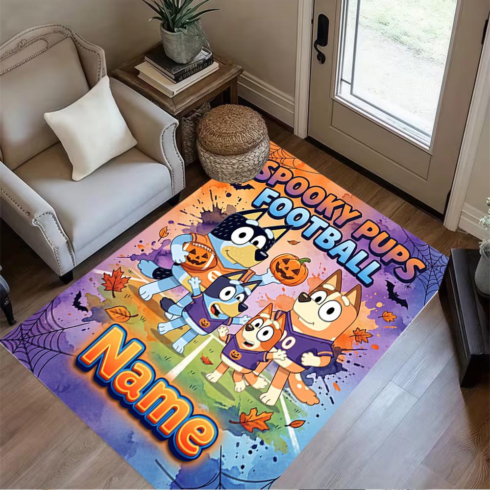 Spooky Pups Halloween Football Personalized Text Carpet Design for Foyer Decorate room Game Room Living Rooms Anti-slip Rug Office home decor