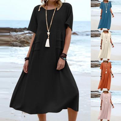 Women's Summer Cotton and Linen Dress Solid Color Short Sleeve Round Neck Pocket Casual Loose Dress Seaside Holiday Beach Skirt