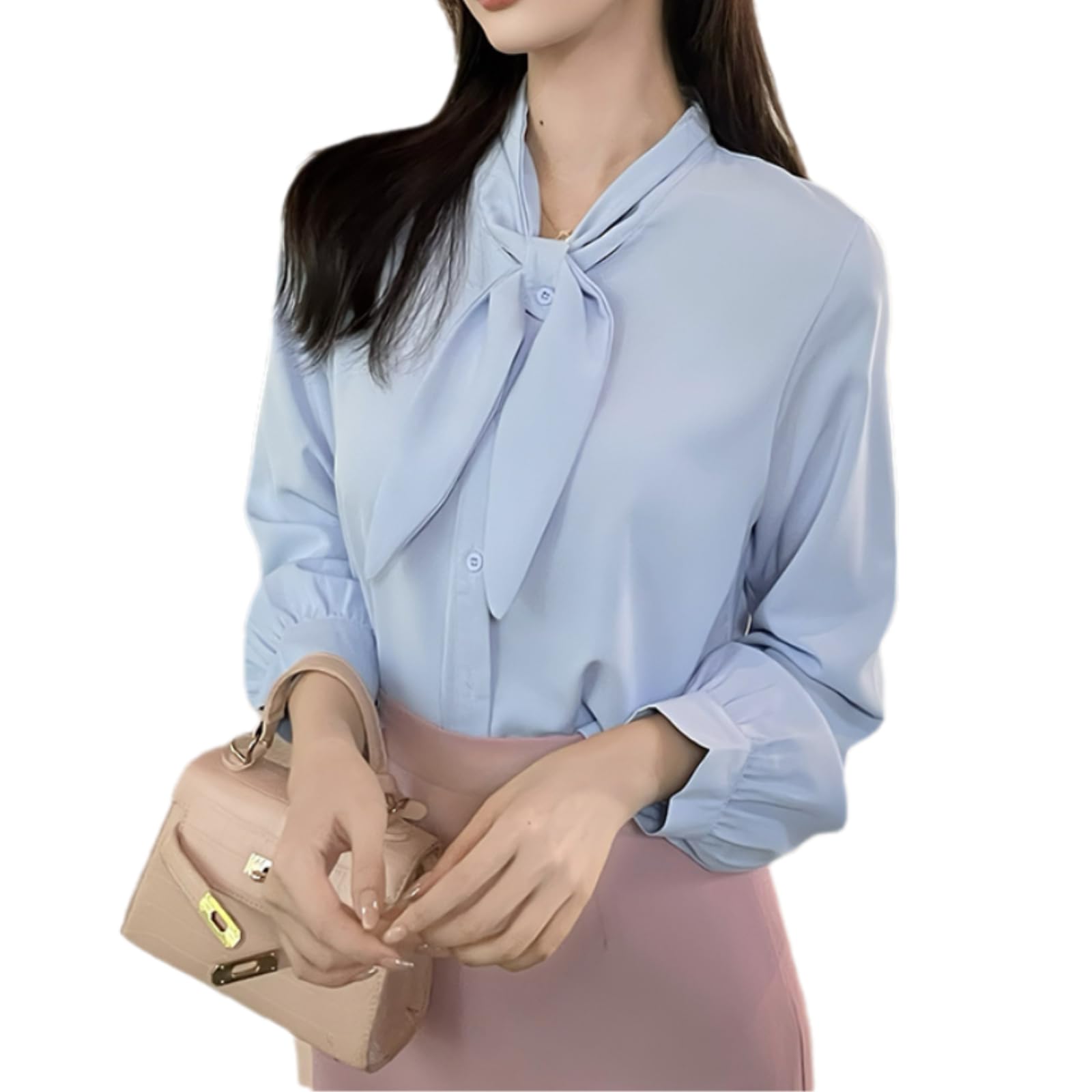 

Bow Tie Long Office [JINJUDUO] Women s Blouse, Sleeve, Ribbon, Gathered, Satin, Figure-Flattering, Slimming, Cute, Stylish, Casual, OL, Commuting, синий