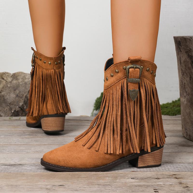 Markowe Kozaki Damskie Jesień 2025 Frędzle Western Stray Kozaki Do Połowy Łydki Szpiczasty Nosek Bohemia Metalowa Dekoracja Botki