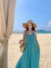 Blue flower holiday style neck dress, gentle and sweet fairy high-end temperament beach dress