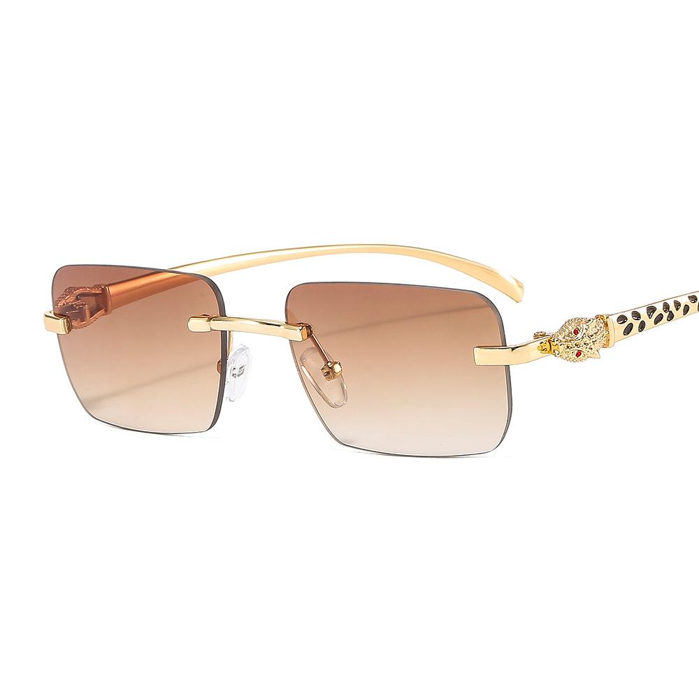 Vintage Rimless Small Square Sunglasses Women Men Luxury Brand Designer Metal Leopard Head Sun Glasses for Travel Driving