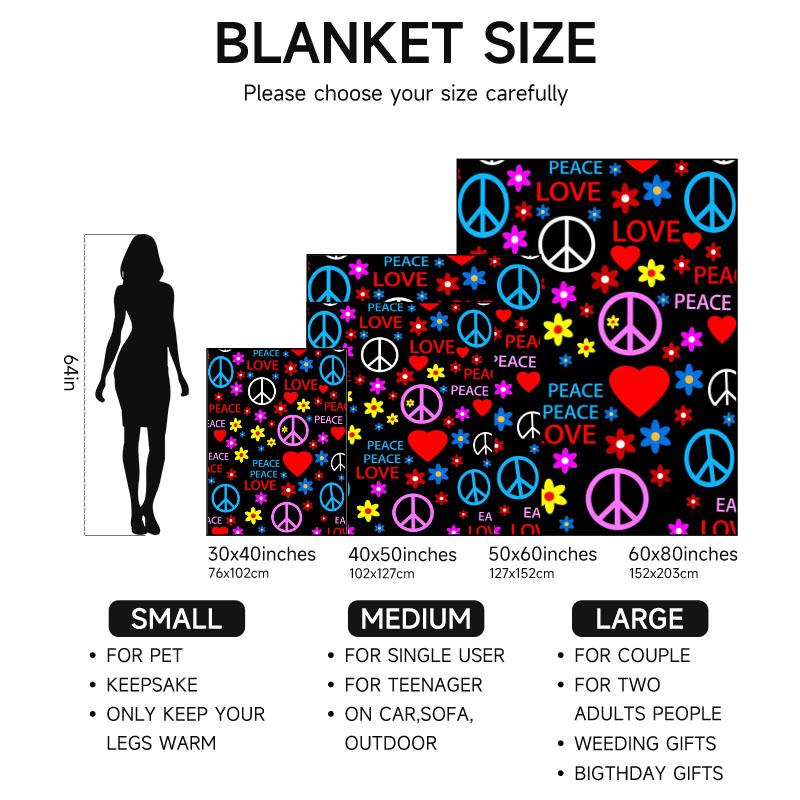 Peace & Love themed colorful fleece blanket, perfect for sofa, bed, office. Ideal gift for family, friends, holidays.
