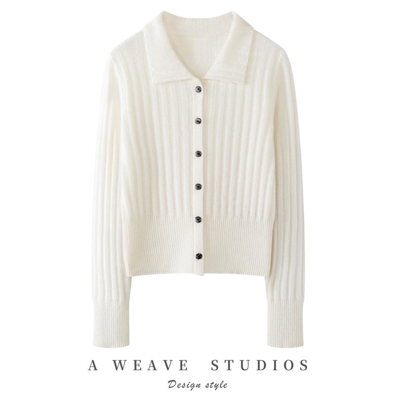 Women's Red Pure Cashmere Ribbed Knit Cardigan - Age-Defying Short Jacket with Lapel (2026)