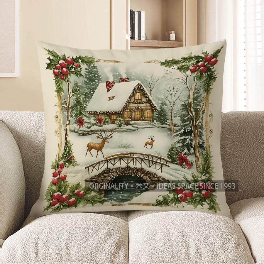 Home Decor Snowman & Cottage Christmas Pillow Cover Pattern Cushion Cover Suitable For Sofa Bedroom Car Pillow Cover