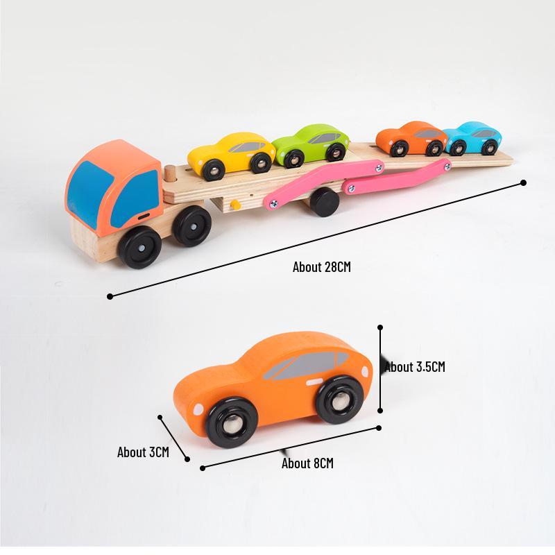 Children's Wooden Double-Layer Car Carrier & Transforming Tool Truck, Educational Toy