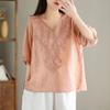 Women Summer New Navy Blue V Neck Floral Embroidery Three Quarter Sleeve Casual Blouse