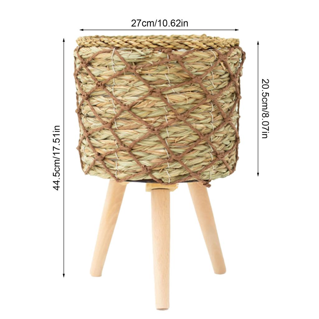 Woven Plant Stand With Legs Elevated Plant Stand With Plant Basket Wooden Round Table Handmade Plant Pot Holder For Flower Pots