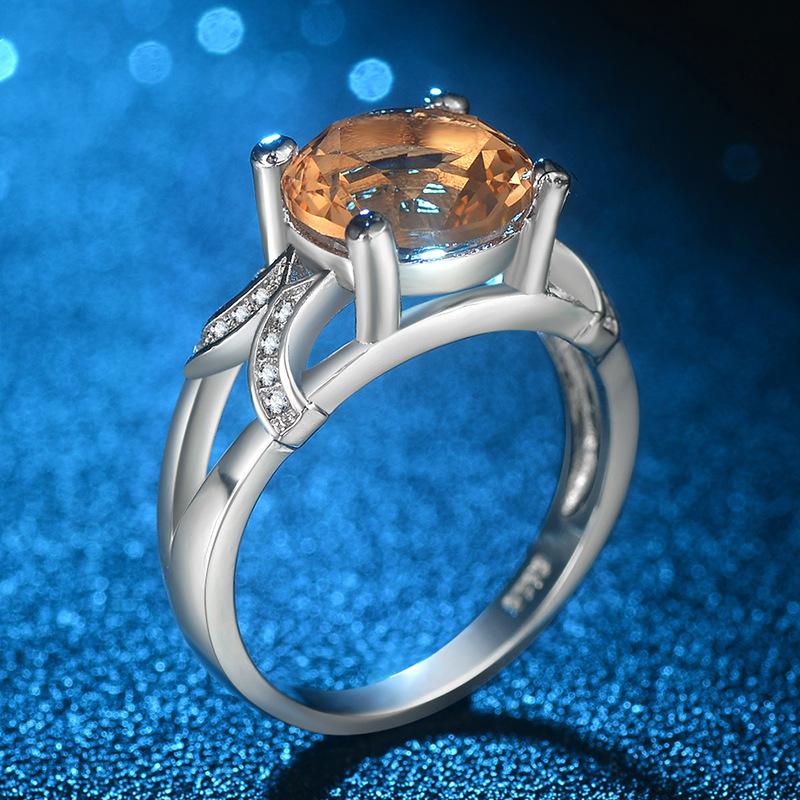 Popular Micro Zircon Champagne Crystal Round Ring With 925 Silver Plated White Gold Ring Jewelry