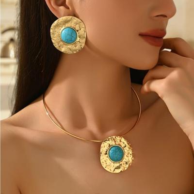 Geometric Banging Lace Round Folds Design Faux Turquoise Earrings Collar Ladies Suit