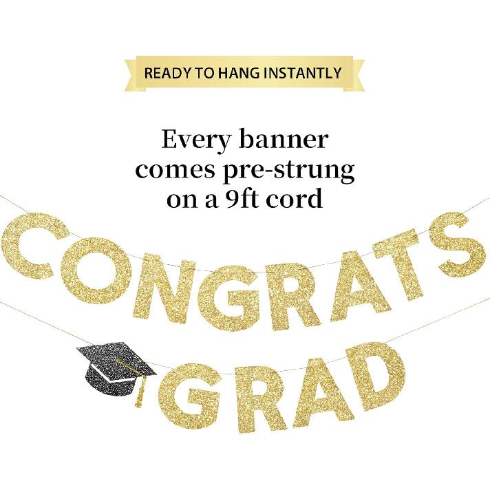 Congrats Grad Banner Gold Glitter Pre-Strung Congrats Grad Sign - 8ft -No DIY - Graduation Party Decorations for Class of 2025 Graduation Decorations