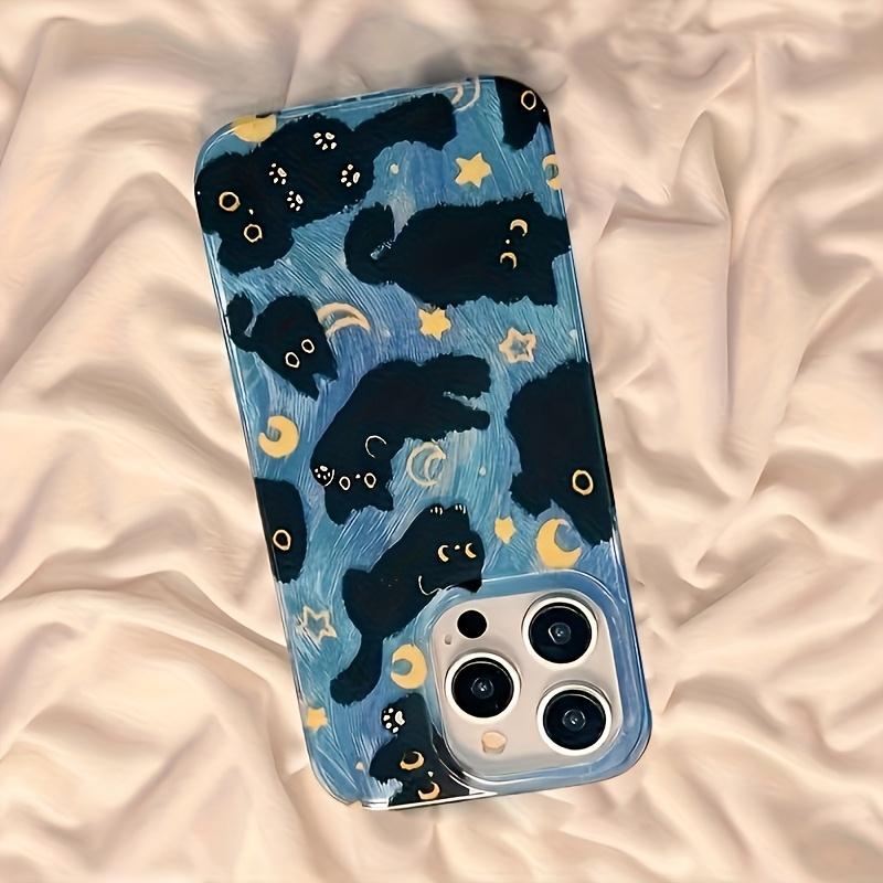 Fashion Star Moon Black Cat Feather Yarn Full Coverage Phone Case, Shockproof & Drop-Proof, Stylish All-Season Protective Case, Ideal Gift